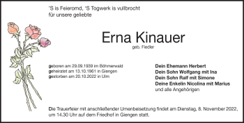 Traueranzeige von Erna Kinauer von Heidenheimer Zeitung