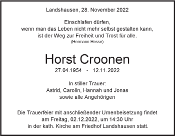 Traueranzeige von Horst Croonen von Heidenheimer Zeitung
