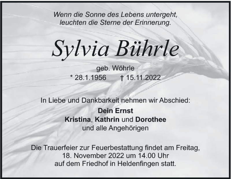  Traueranzeige für Sylvia Bührle vom 17.11.2022 aus Heidenheimer Zeitung