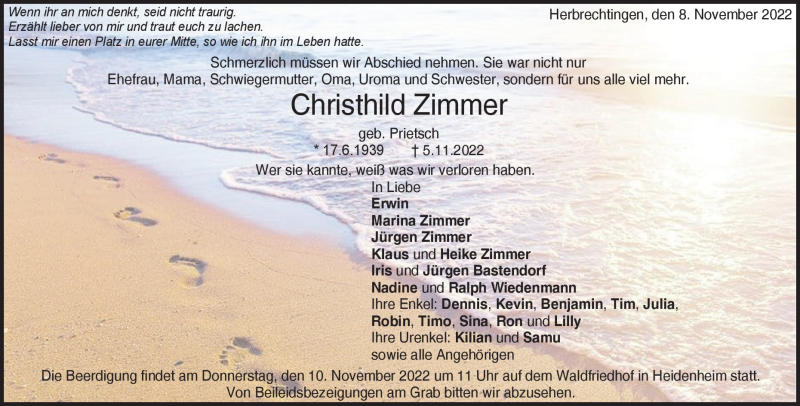  Traueranzeige für Christhild Zimmer vom 08.11.2022 aus Heidenheimer Zeitung