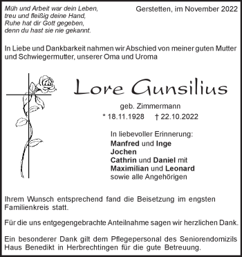 Traueranzeige von Lore Gunsilius von Heidenheimer Zeitung