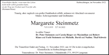 Traueranzeige von Margarete Steinmetz von Heidenheimer Zeitung