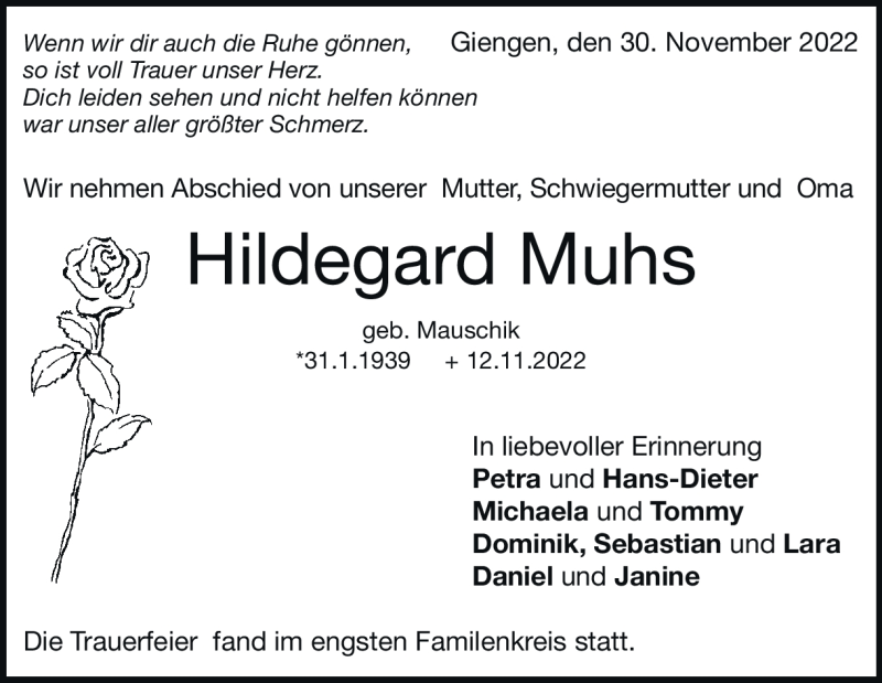  Traueranzeige für Hildegard Muhs vom 30.11.2022 aus Heidenheimer Zeitung