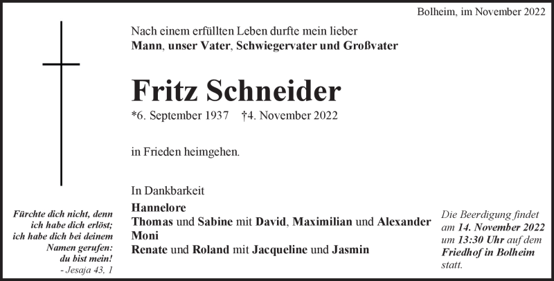 Traueranzeige für Fritz Schneider vom 09.11.2022 aus Heidenheimer Zeitung