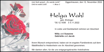Traueranzeige von Helga Wahl von Heidenheimer Zeitung