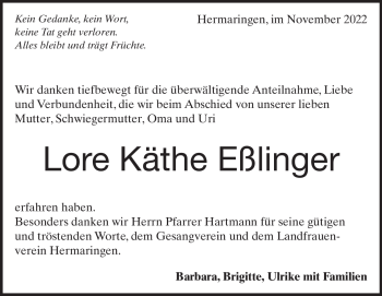 Traueranzeige von Lore Eßlinger von Heidenheimer Zeitung