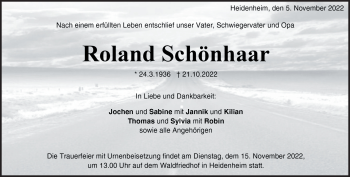 Traueranzeige von Roland Schönhaar von Heidenheimer Zeitung