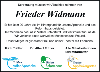 Traueranzeige von Frieder Widmann von Heidenheimer Zeitung