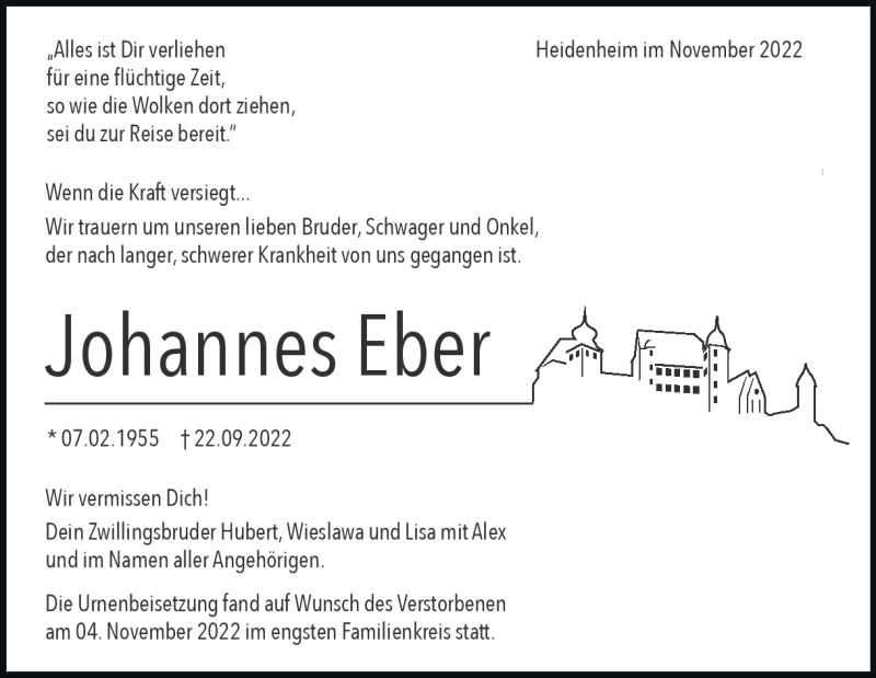  Traueranzeige für Johannes Eber vom 08.11.2022 aus Heidenheimer Zeitung