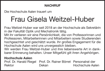 Traueranzeige von Gisela Weitzel-Huber von Heidenheimer Zeitung