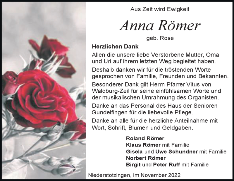  Traueranzeige für Anna Römer vom 09.11.2022 aus Heidenheimer Zeitung
