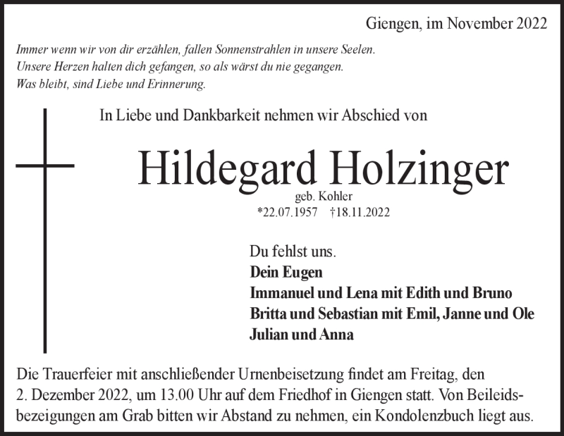  Traueranzeige für Hildegard Holzinger vom 29.11.2022 aus Heidenheimer Zeitung