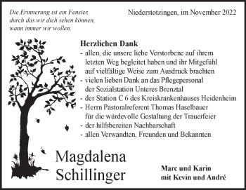 Traueranzeige von Magdalena  Schillinger von Heidenheimer Zeitung