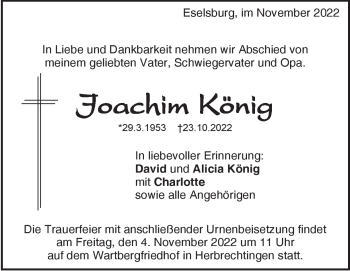 Traueranzeige von Joachim König von Heidenheimer Zeitung