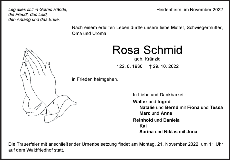  Traueranzeige für Rosa Schmid vom 17.11.2022 aus Heidenheimer Zeitung