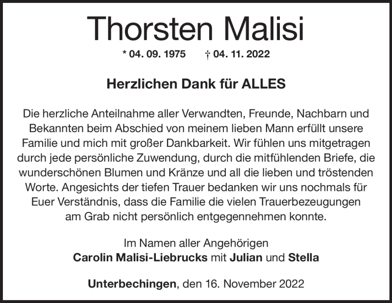  Traueranzeige für Thorsten Malisi vom 16.11.2022 aus Heidenheimer Zeitung