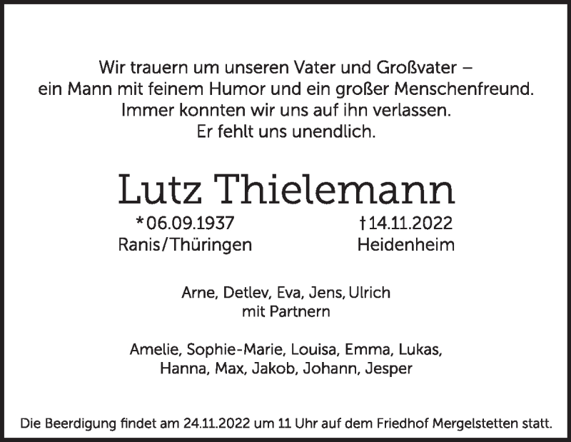  Traueranzeige für Lutz Thielemann vom 19.11.2022 aus Heidenheimer Zeitung