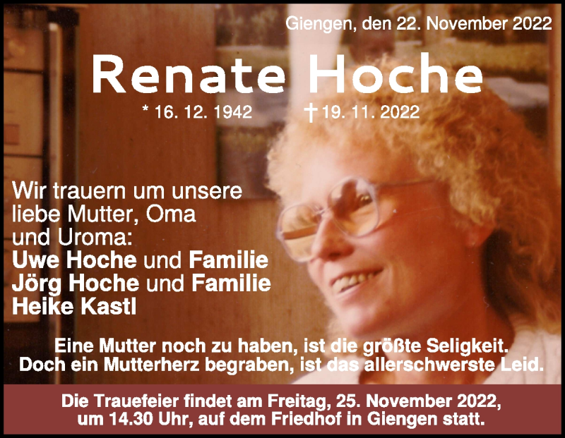  Traueranzeige für Renate Hoche vom 24.11.2022 aus Heidenheimer Zeitung