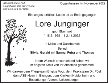 Traueranzeige von Lore Junginger von Heidenheimer Zeitung