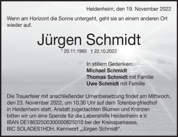 Traueranzeige von Jürgen Schmidt von Heidenheimer Zeitung
