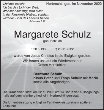 Anzeige Margarete Schulz