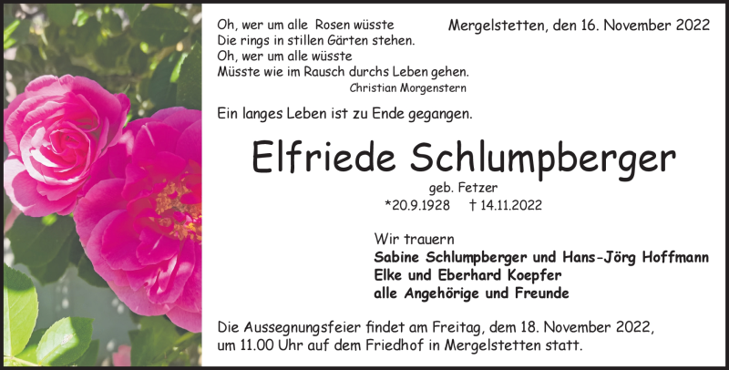  Traueranzeige für Elfriede  Schlumpberger vom 16.11.2022 aus Heidenheimer Zeitung