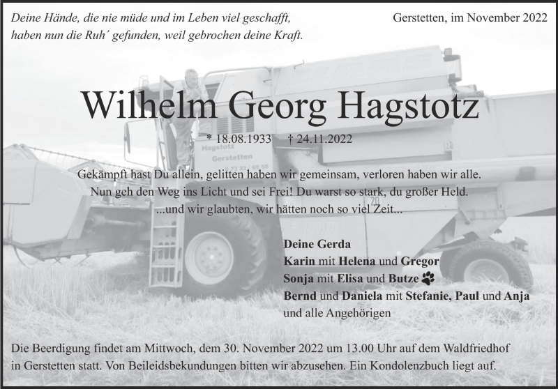  Traueranzeige für Wilhelm Georg Hagstotz vom 29.11.2022 aus Heidenheimer Zeitung