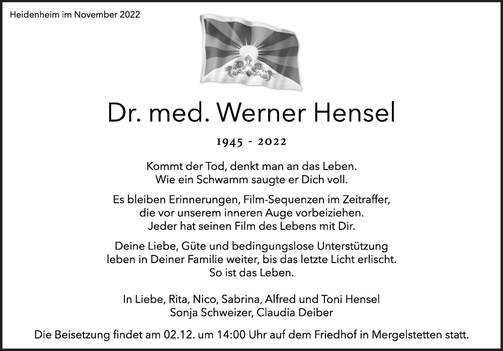  Traueranzeige für Werner Hensel vom 24.11.2022 aus Heidenheimer Zeitung