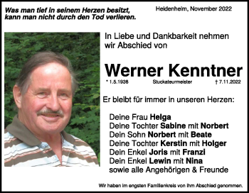 Traueranzeige von Werner Kenntner von Heidenheimer Zeitung
