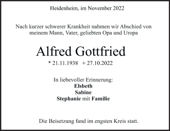 Traueranzeige von Alfred Gottfried von Heidenheimer Zeitung