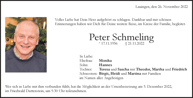  Traueranzeige für Peter Schmeling vom 26.11.2022 aus Heidenheimer Zeitung