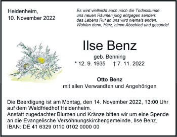 Traueranzeige von Ilse Benz von Heidenheimer Zeitung