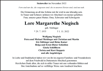 Traueranzeige von Lore Margarethe Niegisch von Heidenheimer Zeitung