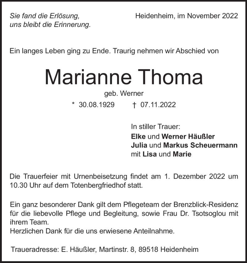  Traueranzeige für Marianne Thoma vom 26.11.2022 aus Heidenheimer Zeitung