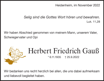 Traueranzeige von Herbert Friedrich Gauß von Heidenheimer Zeitung