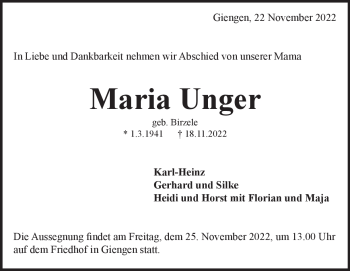 Traueranzeige von Maria Unger von Heidenheimer Zeitung