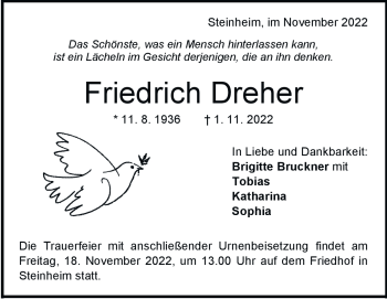 Traueranzeige von Friedrich Dreher von Heidenheimer Zeitung