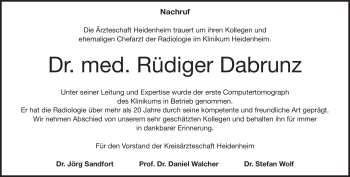 Traueranzeige von Dr. med. Rüdiger Dabrunz von Heidenheimer Zeitung