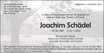 Traueranzeige von Joachim Schädel von Heidenheimer Zeitung