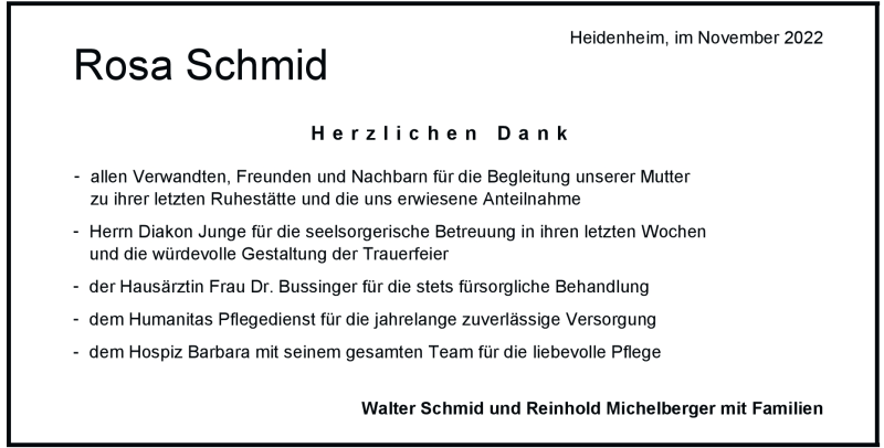  Traueranzeige für Rosa Schmid vom 30.11.2022 aus Heidenheimer Zeitung