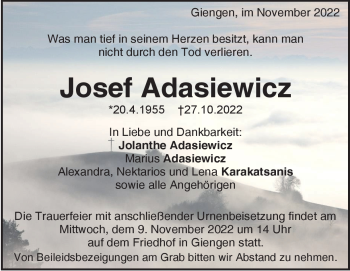 Traueranzeige von Josef Adasiewicz von Heidenheimer Zeitung