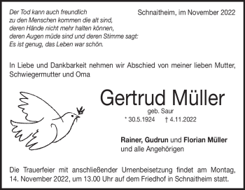 Traueranzeige von Gertrud Müller von Heidenheimer Zeitung
