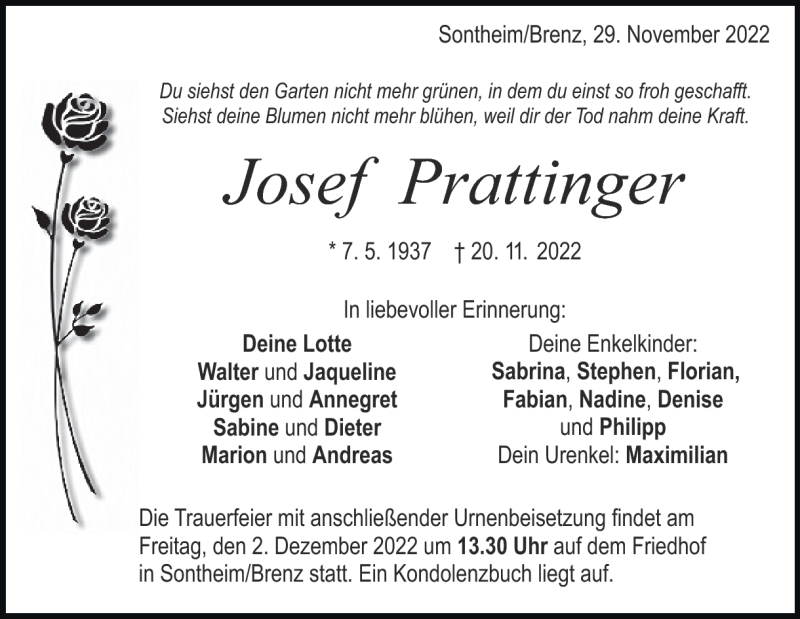  Traueranzeige für Josef Prattinger vom 29.11.2022 aus Heidenheimer Zeitung
