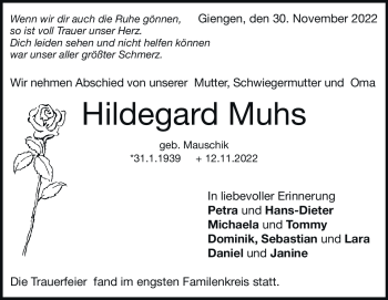 Traueranzeige von Hildegard Muhs von Heidenheimer Zeitung