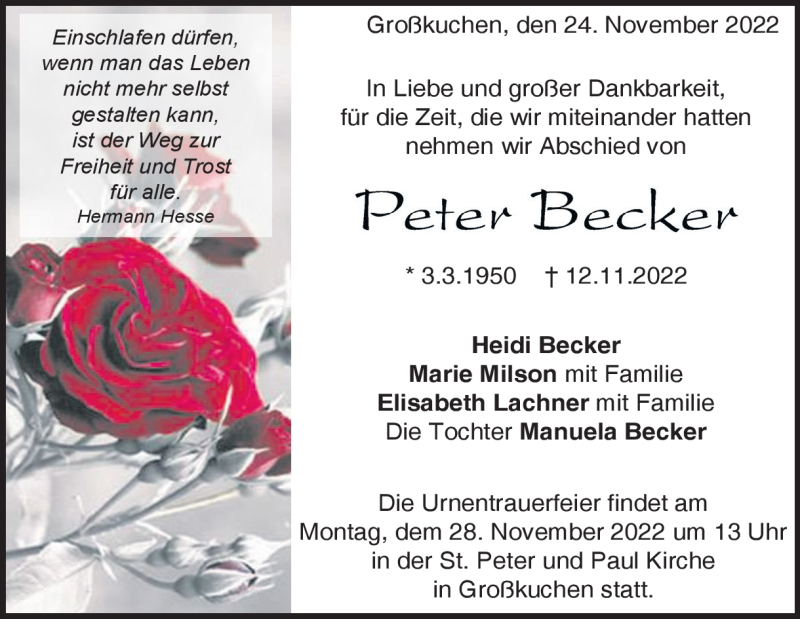  Traueranzeige für Peter Becker vom 24.11.2022 aus Heidenheimer Zeitung