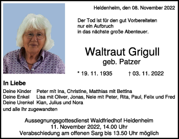 Traueranzeige von Waltraut Anna Grigull von Heidenheimer Zeitung