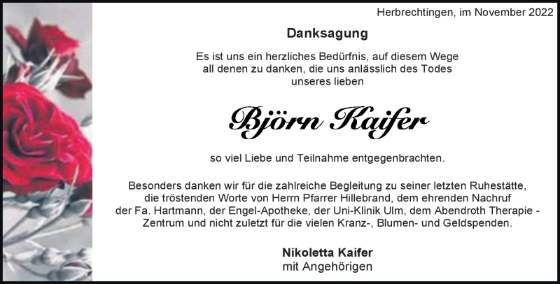  Traueranzeige für Björn Kaifer vom 12.11.2022 aus Heidenheimer Zeitung