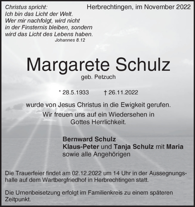  Traueranzeige für Margarete Schulz vom 30.11.2022 aus Heidenheimer Zeitung