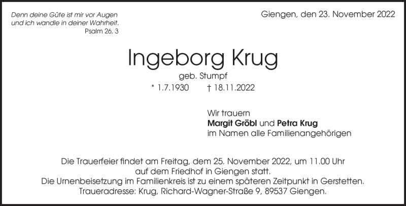  Traueranzeige für Ingeborg Krug vom 23.11.2022 aus Heidenheimer Zeitung