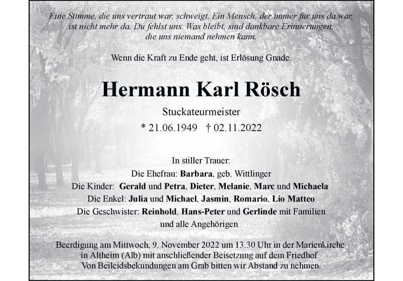  Traueranzeige für Hermann Karl Rösch vom 05.11.2022 aus Heidenheimer Zeitung